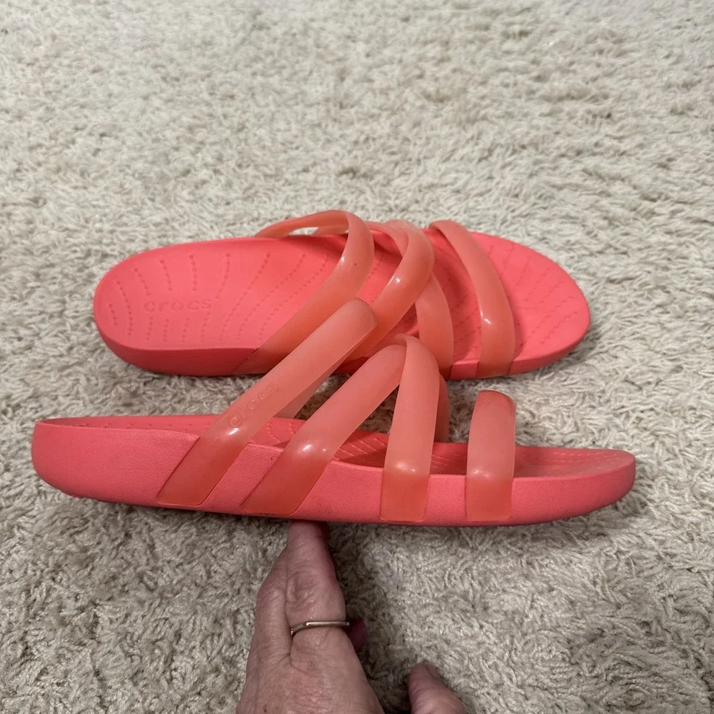 Crocs Women's Splash Glossy Strappy Neon Watermelon Slip On Sandals Slide Size 8